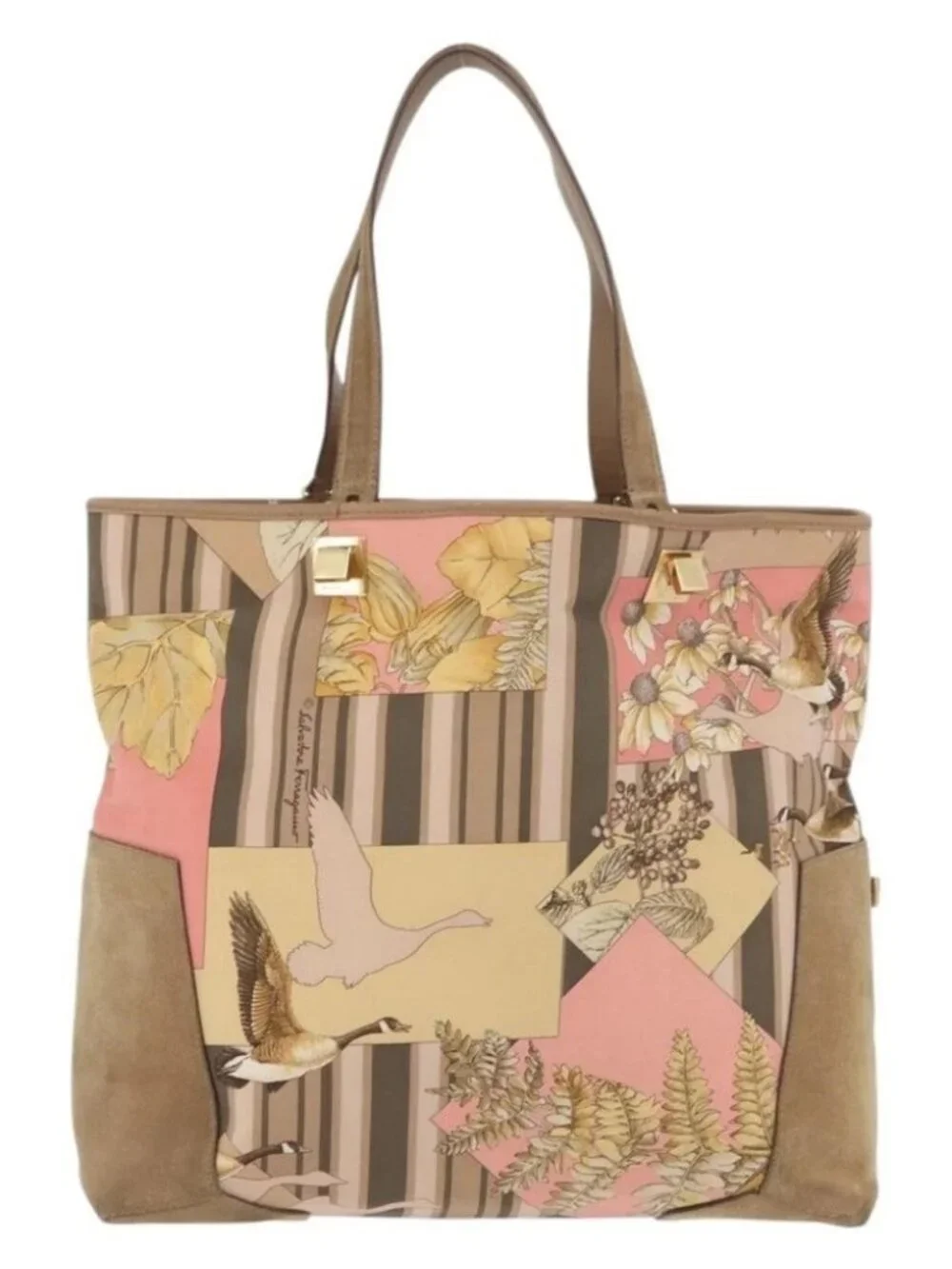 Salvatore Ferragamo Tote Bag Nylon Beige Gold Auth BAZ714A